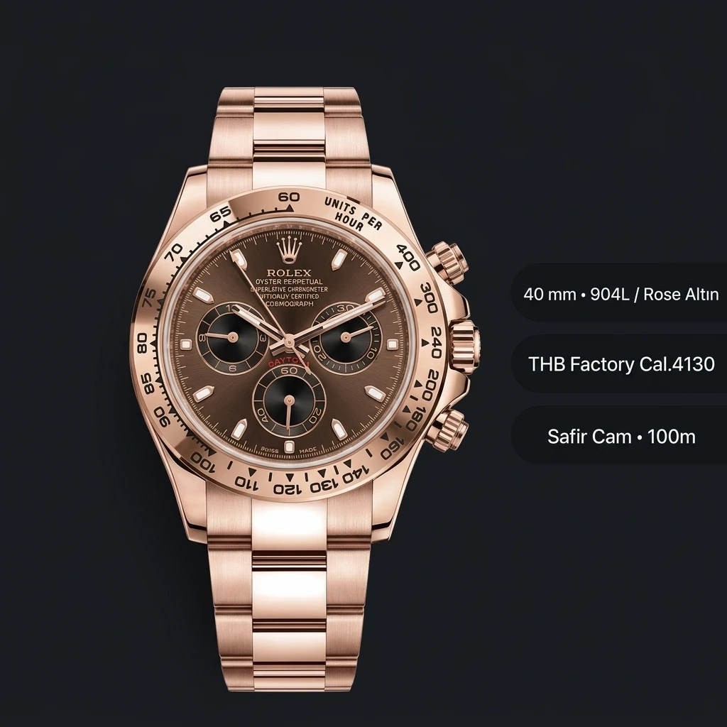 Rolex Daytona 116515LN Everose Siyah Oysterflex 4130 Cosmograph Super Clone ETA Saat
