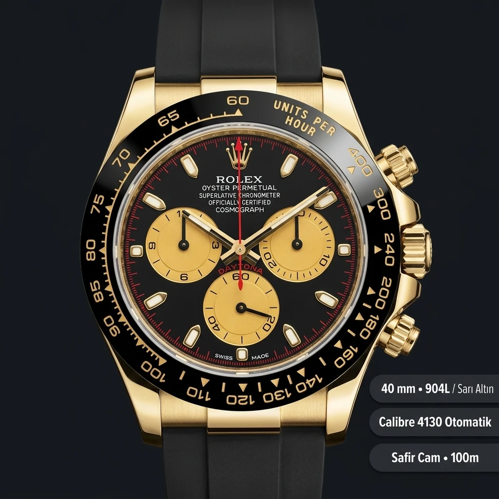 Rolex Daytona 116518LN Yellow Gold Siyah Oysterflex 4130 Super Clone ETA Saat