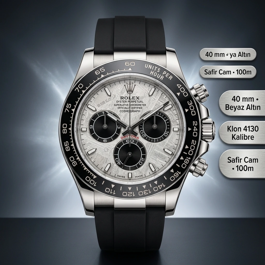 Rolex Daytona 116519LN Beyaz Altın Meteorit Kadran 4130 Super Clone ETA Saat