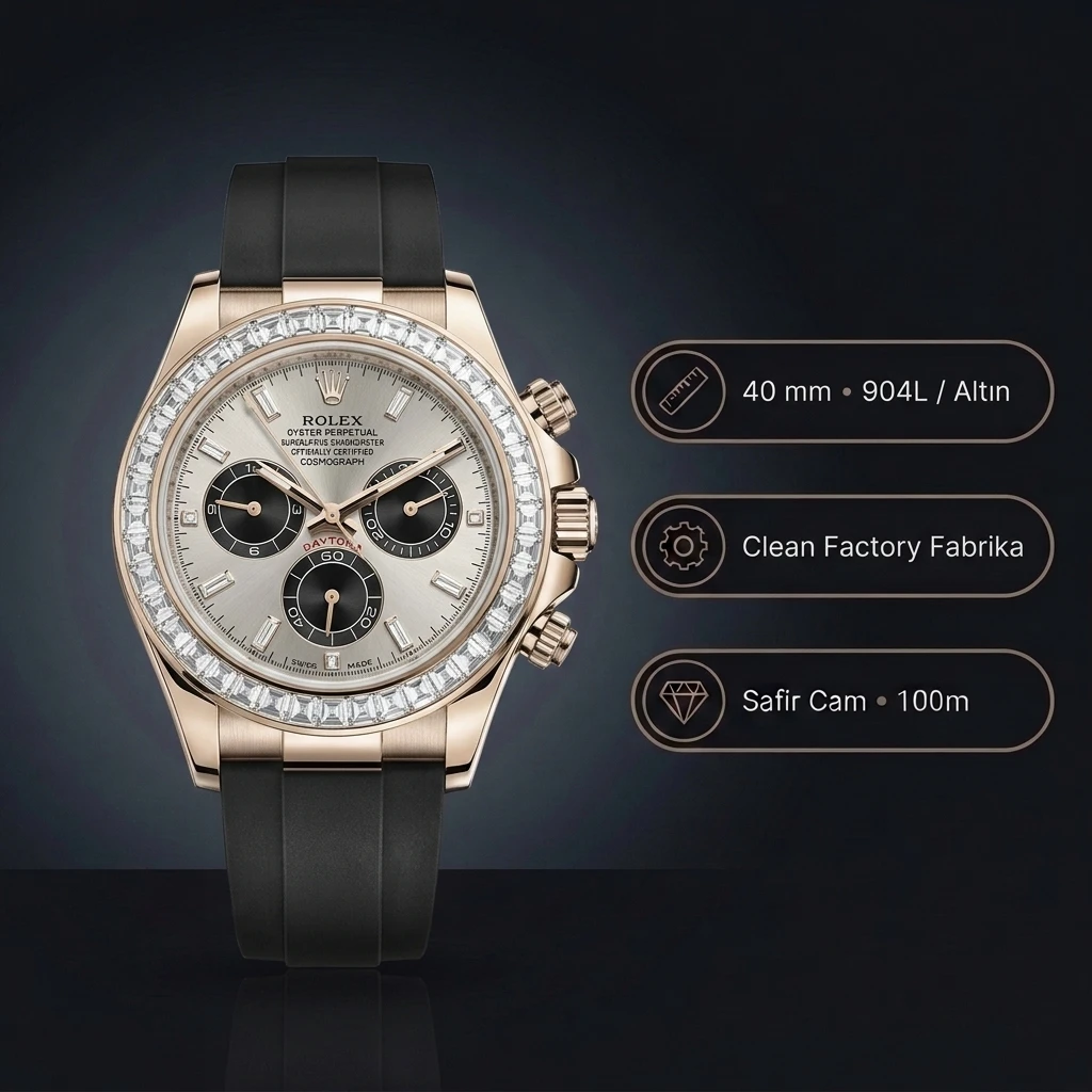 Rolex Daytona 116589TBR Beyaz Altın Baget Pırlanta Bezel Gümüş Siyah Alt Kadran Oysterflex Super Clone Eta Saat