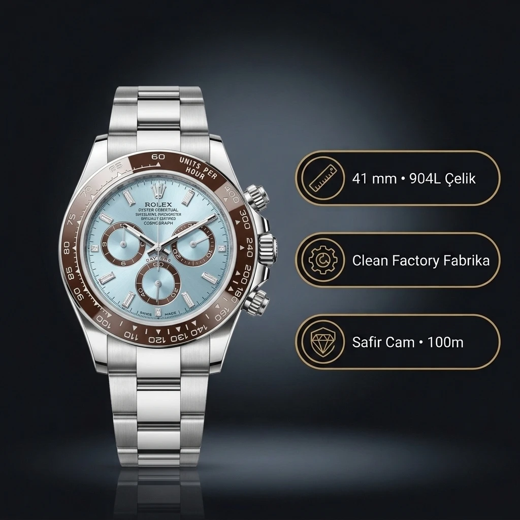 Rolex Daytona 126506 Platinum Gümüş Baguette 4131 Super Clone ETA Saat
