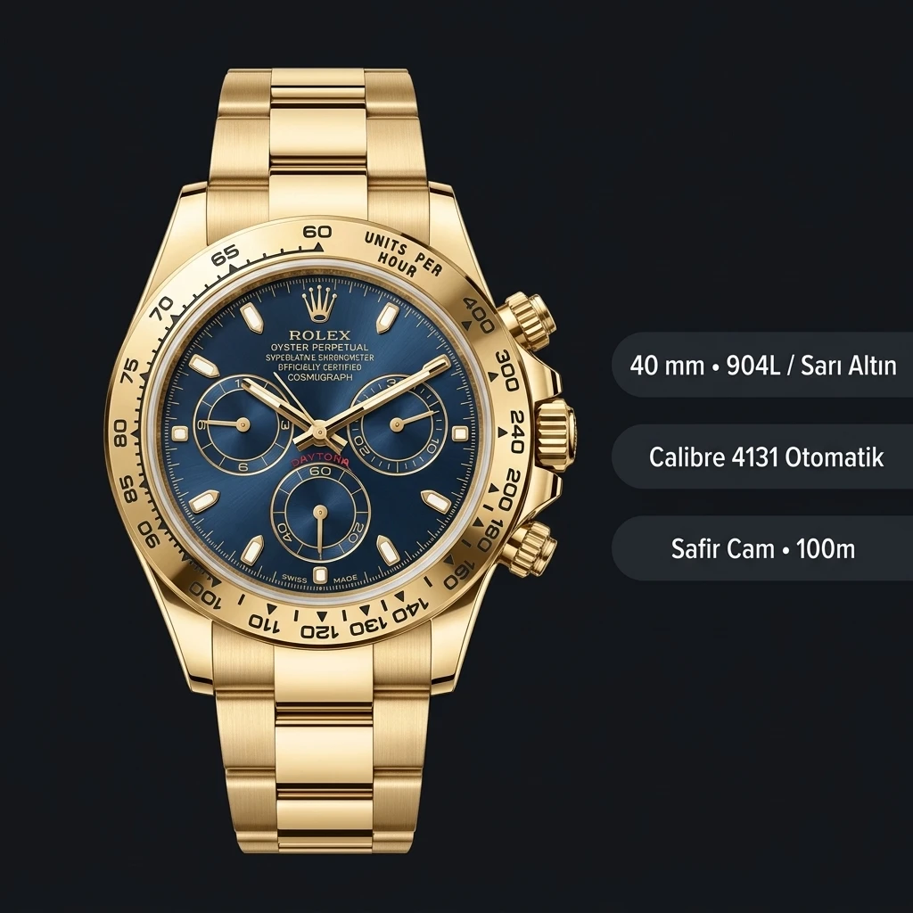 Rolex Daytona 126508 Yellow Gold Mavi 4131 Super Clone ETA Saat