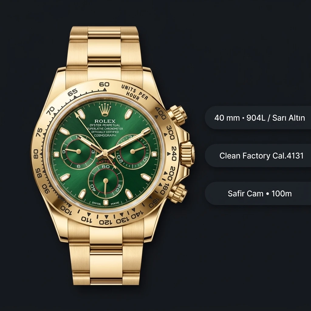 Rolex Daytona 126508 Yellow Gold Yeşil 4131 Cosmograph Super Clone ETA Saat