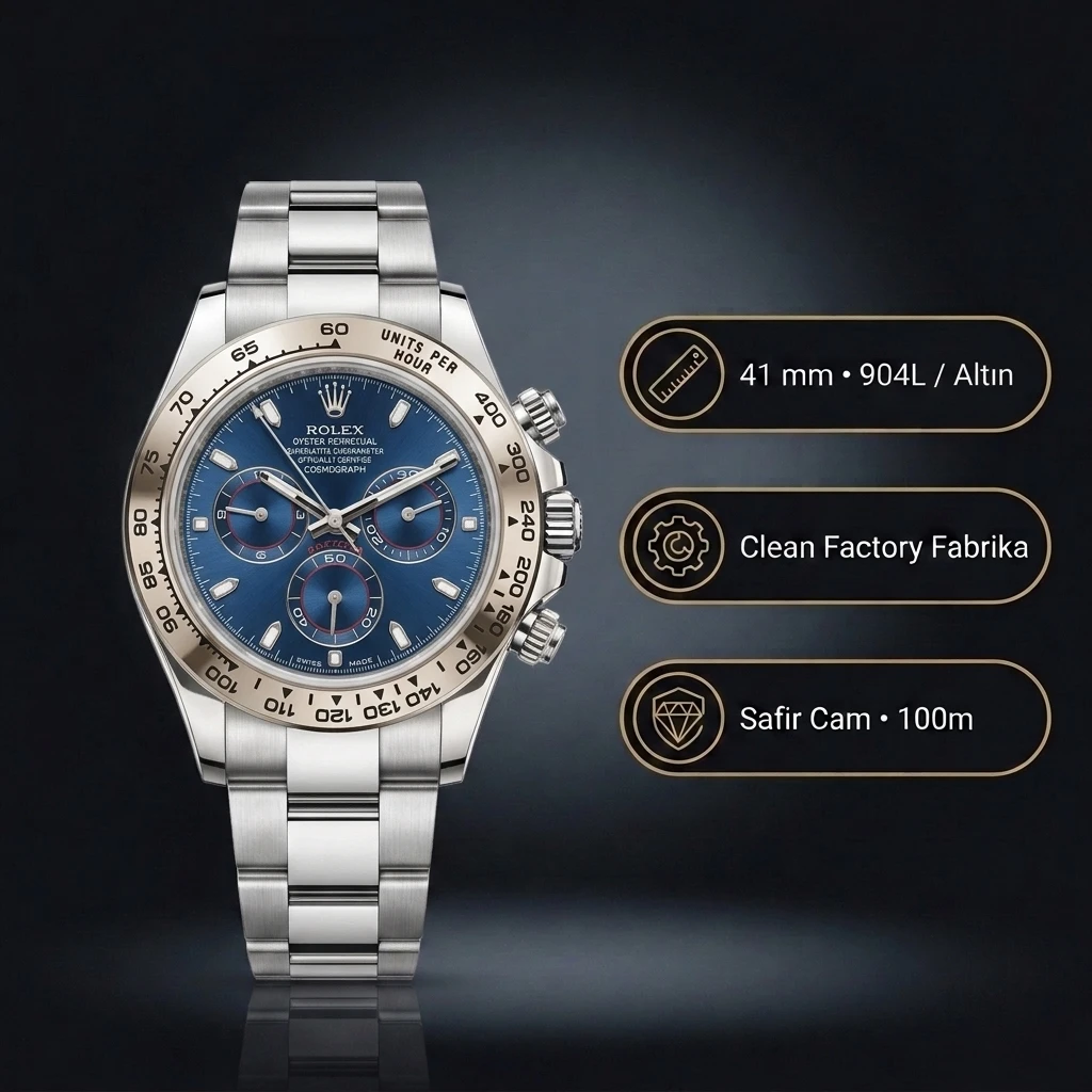 Rolex Daytona 126509 White Gold Mavi Super Clone ETA Saat