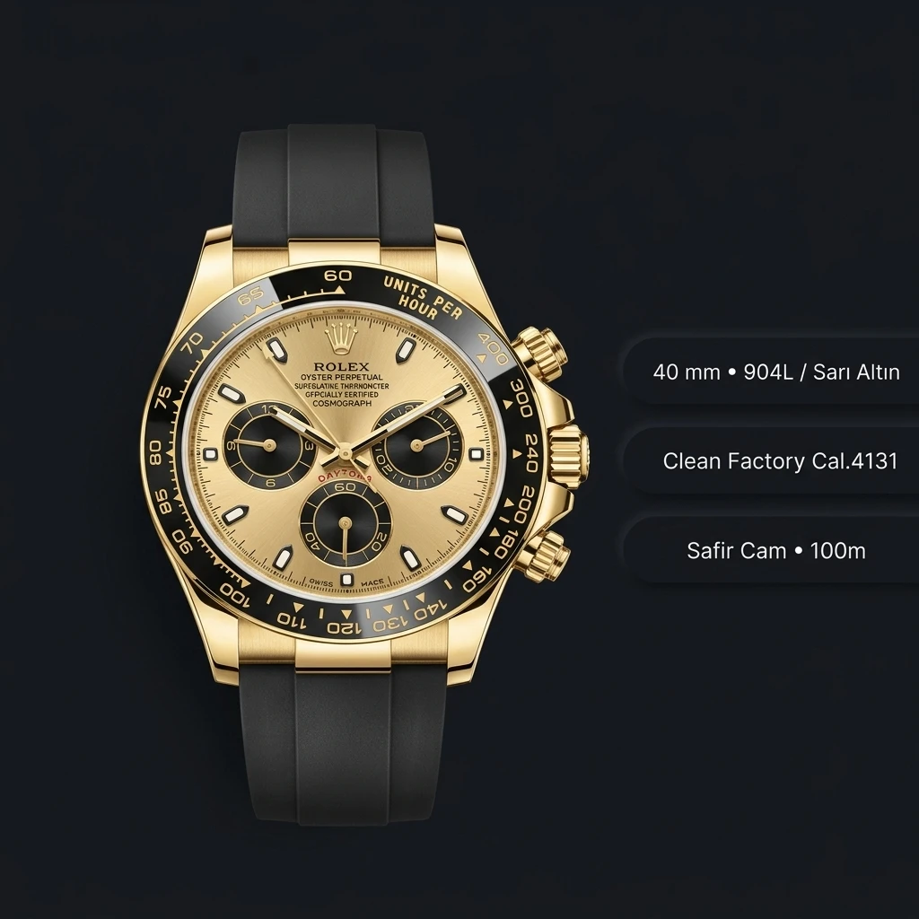 Rolex Daytona 126518LN Yellow Gold Champagne Oysterflex 4131 40mm Super Clone ETA Saat