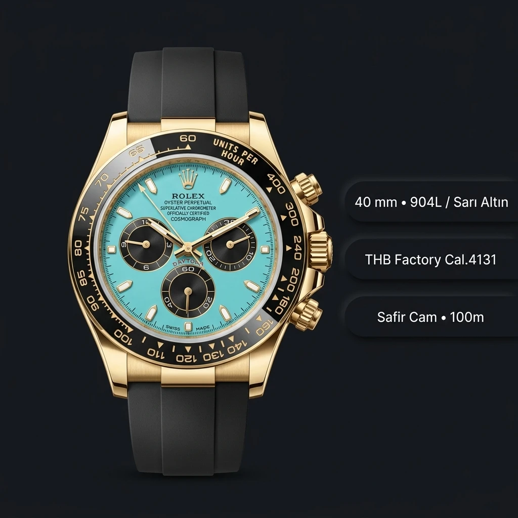 Rolex Daytona 126518LN Yellow Gold Turkuaz Oysterflex 4131 Super Clone ETA Saat