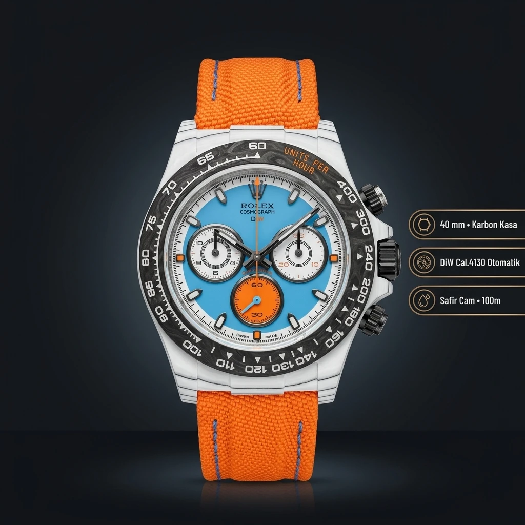 Rolex Daytona Carbon Buz Mavi Turuncu 4130 Super Clone ETA Saat