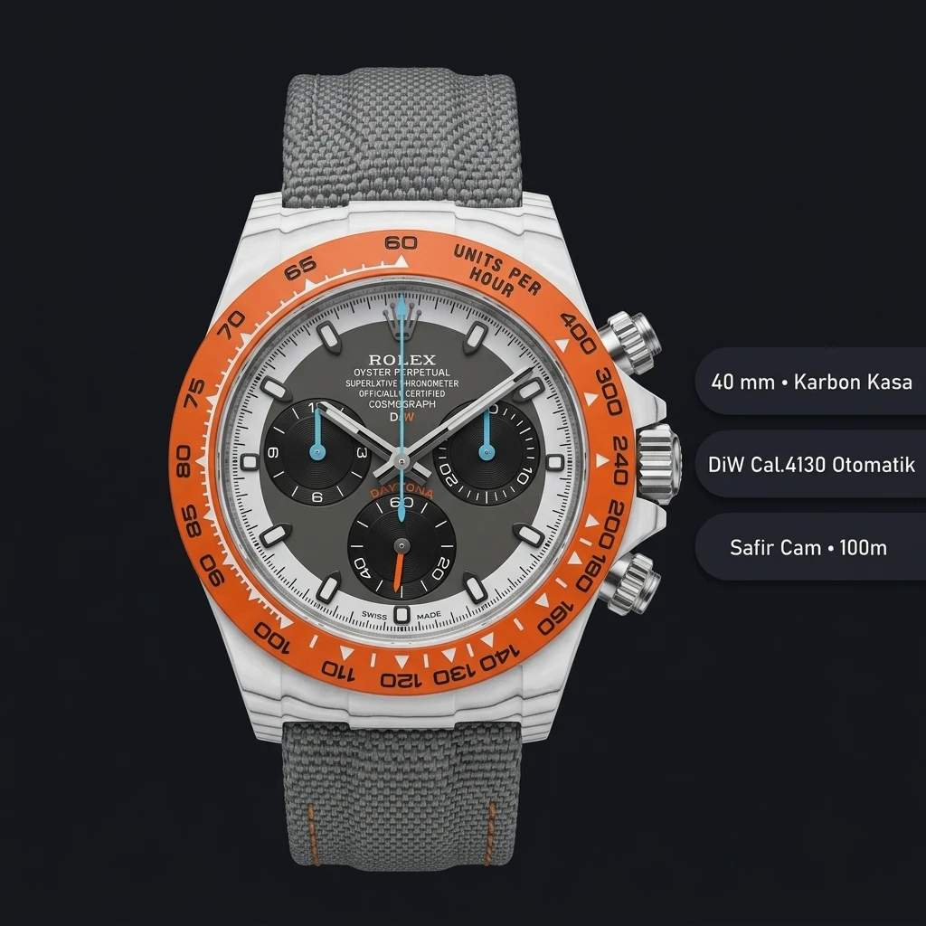Rolex Daytona Carbon Gri Turuncu 4130 Super Clone ETA Saat