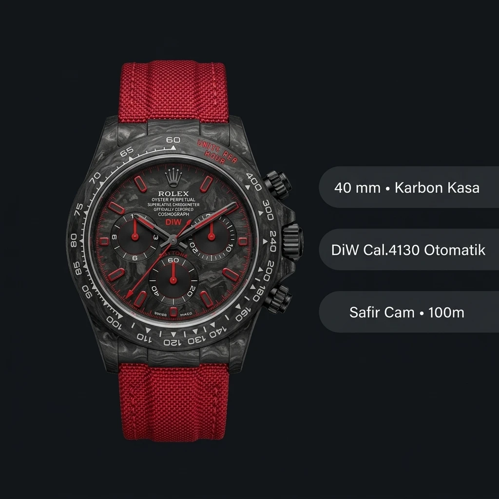 Rolex Daytona DiW Karbon Kasa Kırmızı Kordon 4130 Super Clone ETA Saat