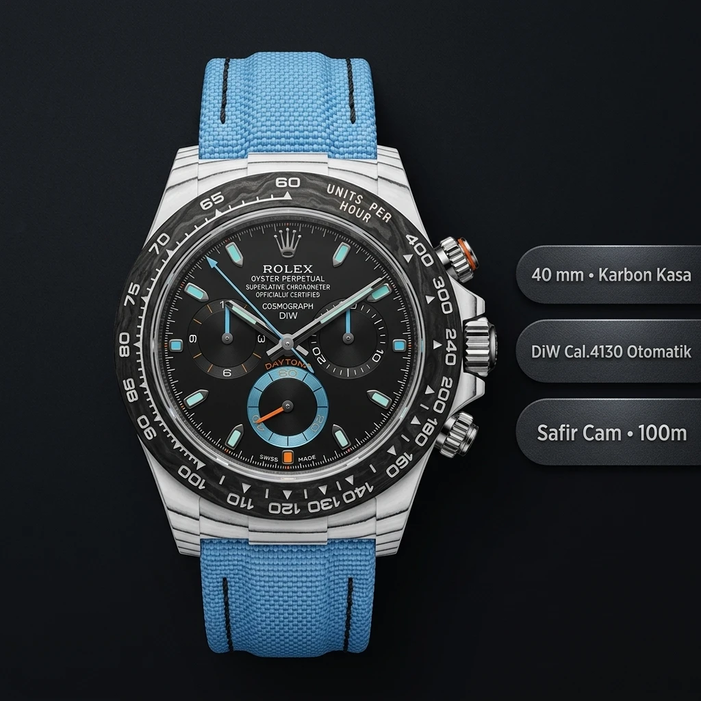 Rolex Daytona DiW Karbon Kasa Mavi Kordon 4130 Super Clone ETA Saat