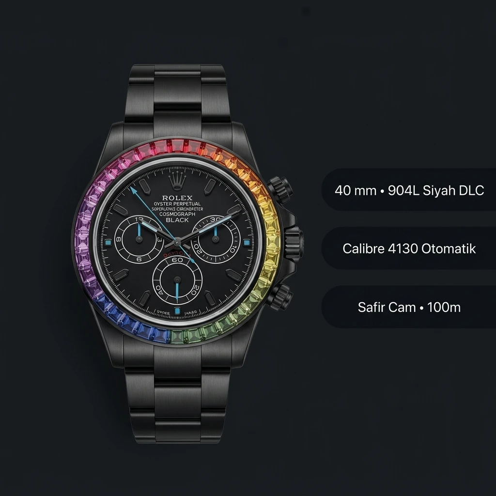 Rolex Daytona Rainbow Black Seramik 4130 Super Clone ETA Saat