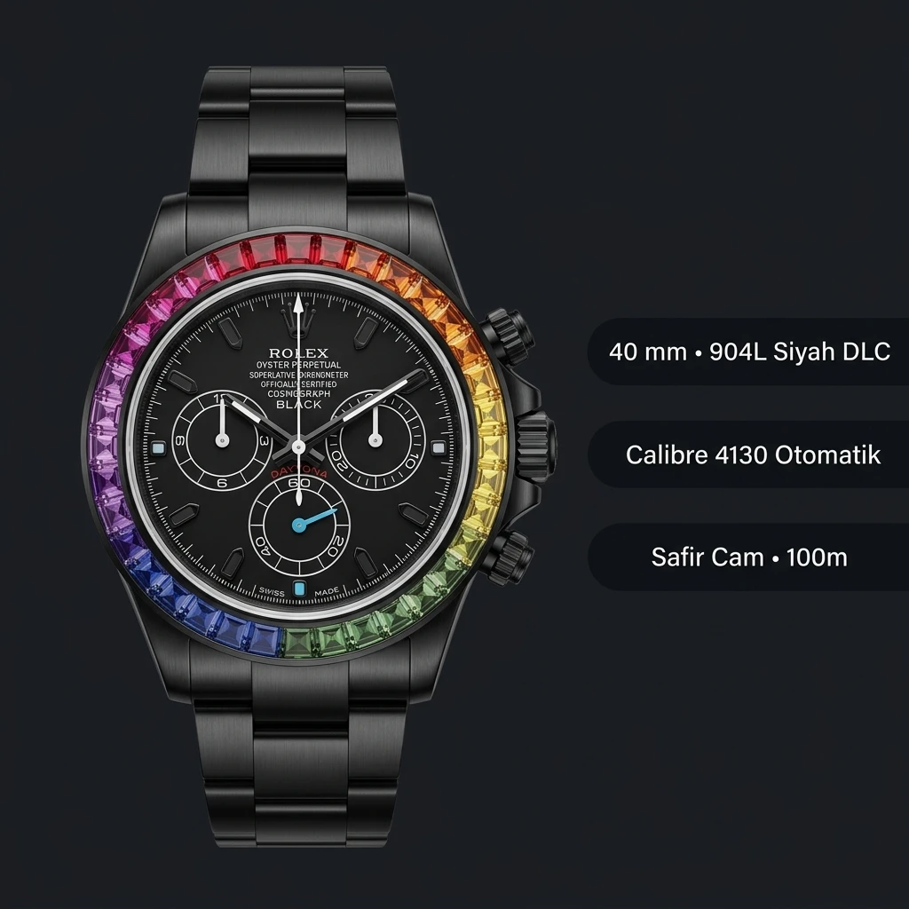 Rolex Daytona Rainbow Black Seramik Baguette 4130 Super Clone ETA Saat