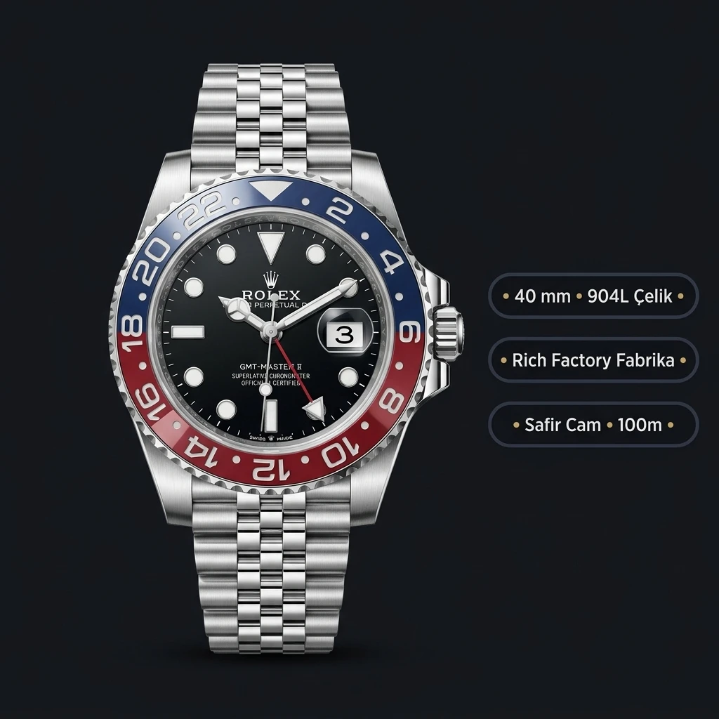 Rolex GMT-Master II 126710BLRO Pepsi Rıch Factory Jubilee Super Clone ETA Saat