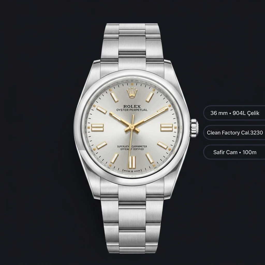 Rolex Oyster Perpetual 124300 36 mm Gümüş Kadranlı Super Clone ETA Saat