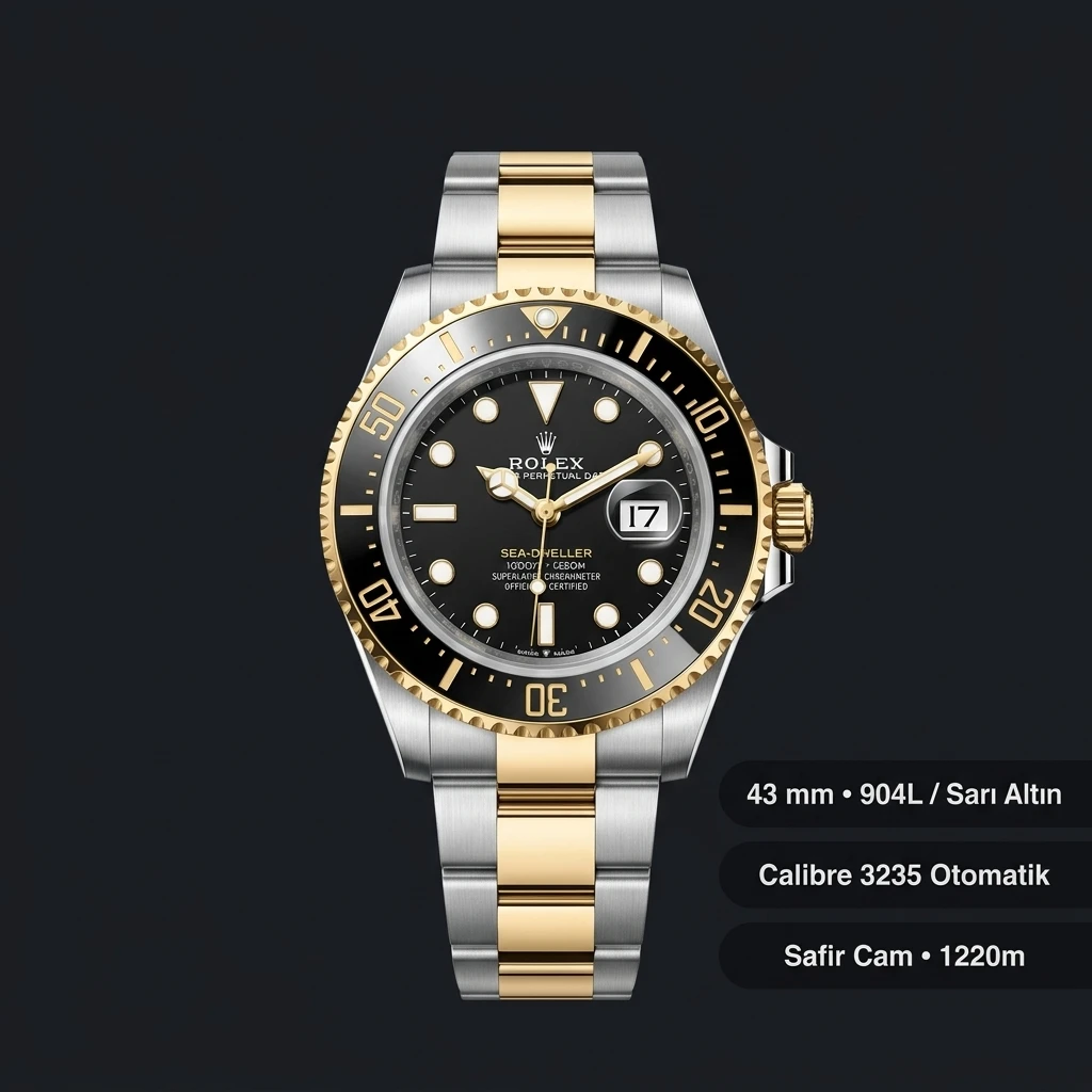 Rolex Sea-Dweller 43 mm 126603 Siyah Kadranlı Sari Altin Two Tone Super Clone ETA Saat