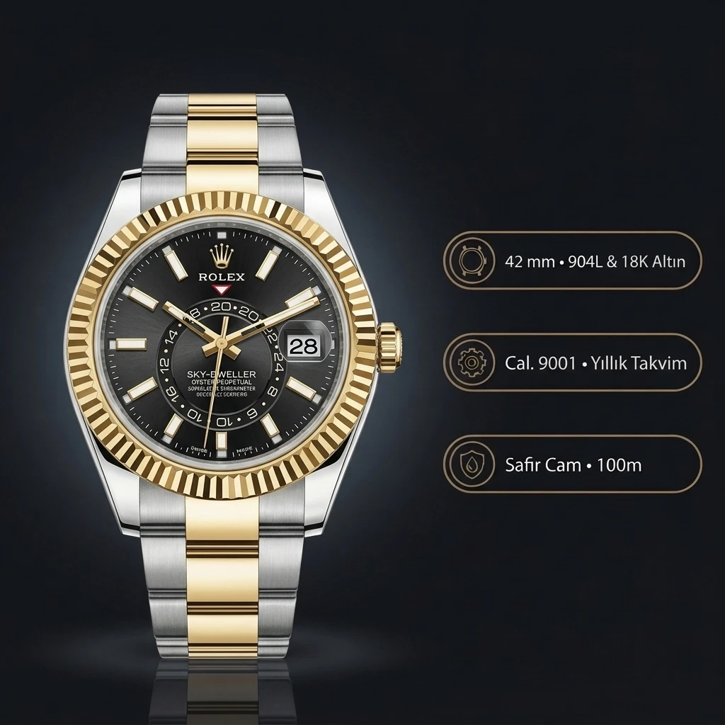 Rolex Sky-Dweller 42 mm 326933 Siyah Kadran Two Tone Oyster Super Clone Eta Saat