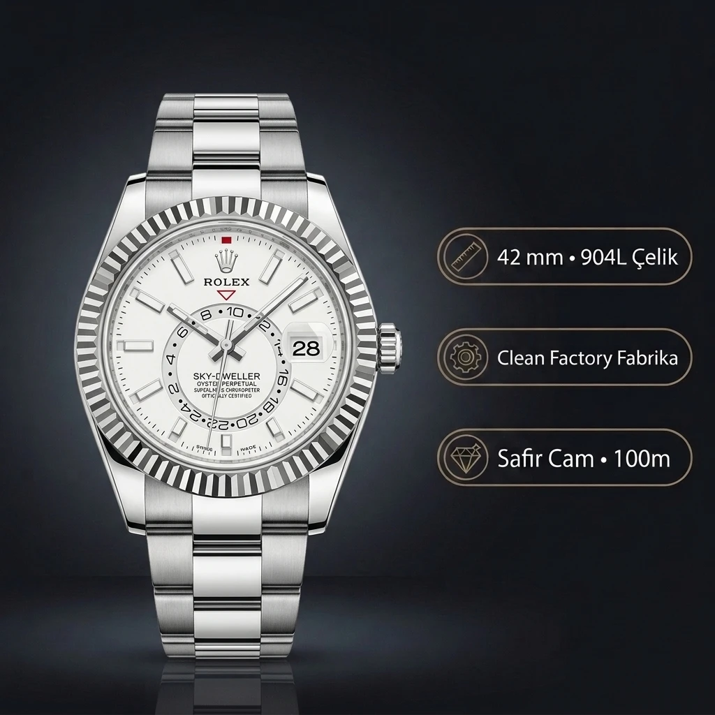 Rolex Sky-Dweller 42 mm 326934 Beyaz Kadran Oyster Super Clone Eta Saat