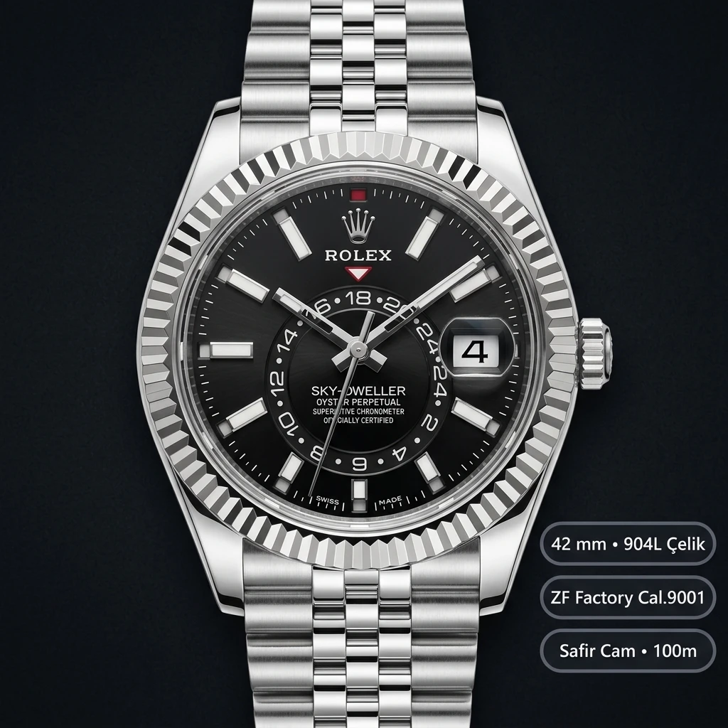 Rolex Sky-Dweller 42 mm 336934 Parlak Siyah Kadran Jubilee Super Clone Eta Saat