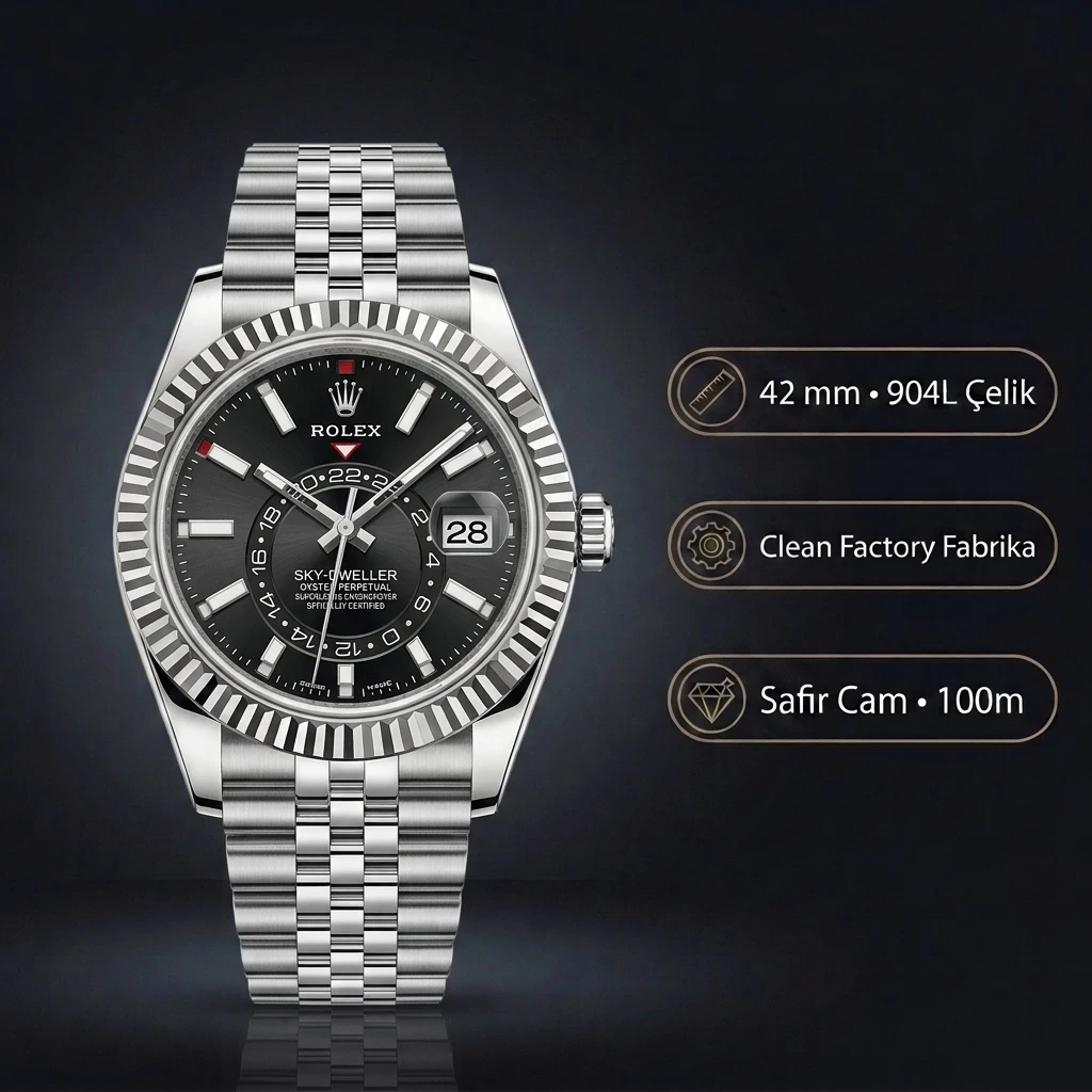Rolex Sky-Dweller 42 mm 336934 Siyah Kadran Jubilee Super Clone Eta Saat