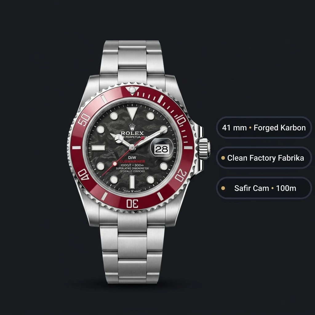 Rolex Submariner 126610LN 41 mm Karbon Kadranlı Kırmızı Bezel Super Clone ETA Saat