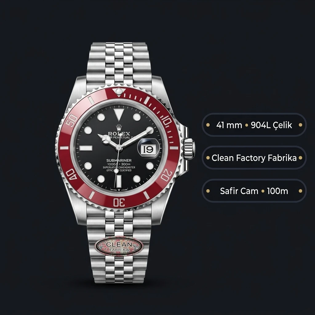 Rolex Submariner 126610LN 41 mm Kırmızı Bezel Siyah Kadranlı Jubilee Super Clone ETA Saat