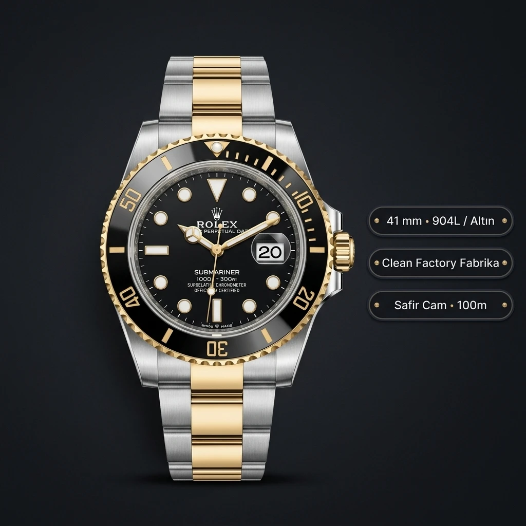 Rolex Submariner 126610LN 41 mm Siyah Kadranlı Sarı Altın Two Tone Super Clone ETA Saat