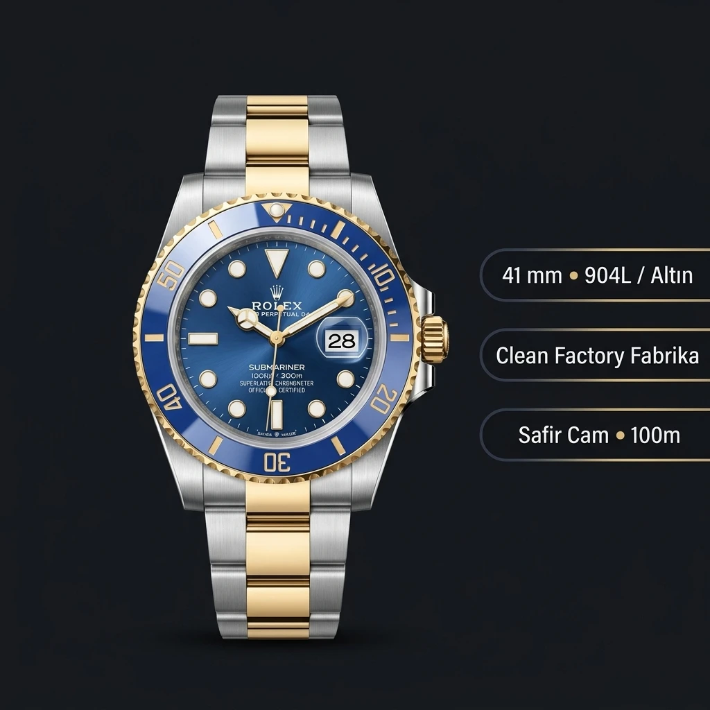 Rolex Submariner 126613LB 41 mm bluesy Mavi Kadranlı Sarı Altın Two Tone Super Clone ETA Saat