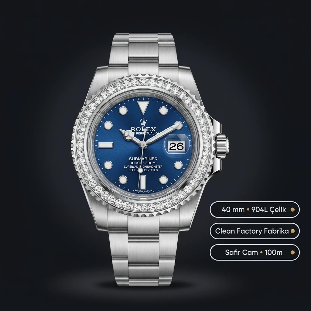 Rolex Submariner Mavi Kadran Taşlı Bezel Çelik 40mm Super Clone ETA Saat