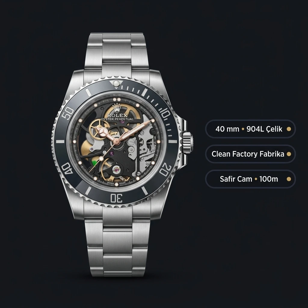 Rolex Submariner Pirlo Iskelet Oystersteel (904L Paslanmaz Çelik) Super Clone ETA Saat