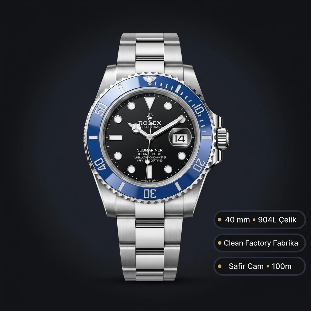 Rolex Submariner Siyah Kadran Mavi Bezel Çelik 40mm Super Clone ETA Saat