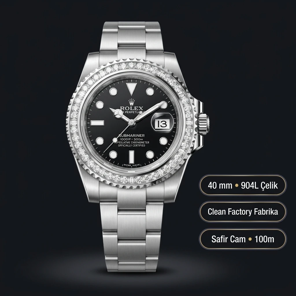 Rolex Submariner Siyah Kadran Taşlı Bezel Çelik 40mm Super Clone ETA Saat