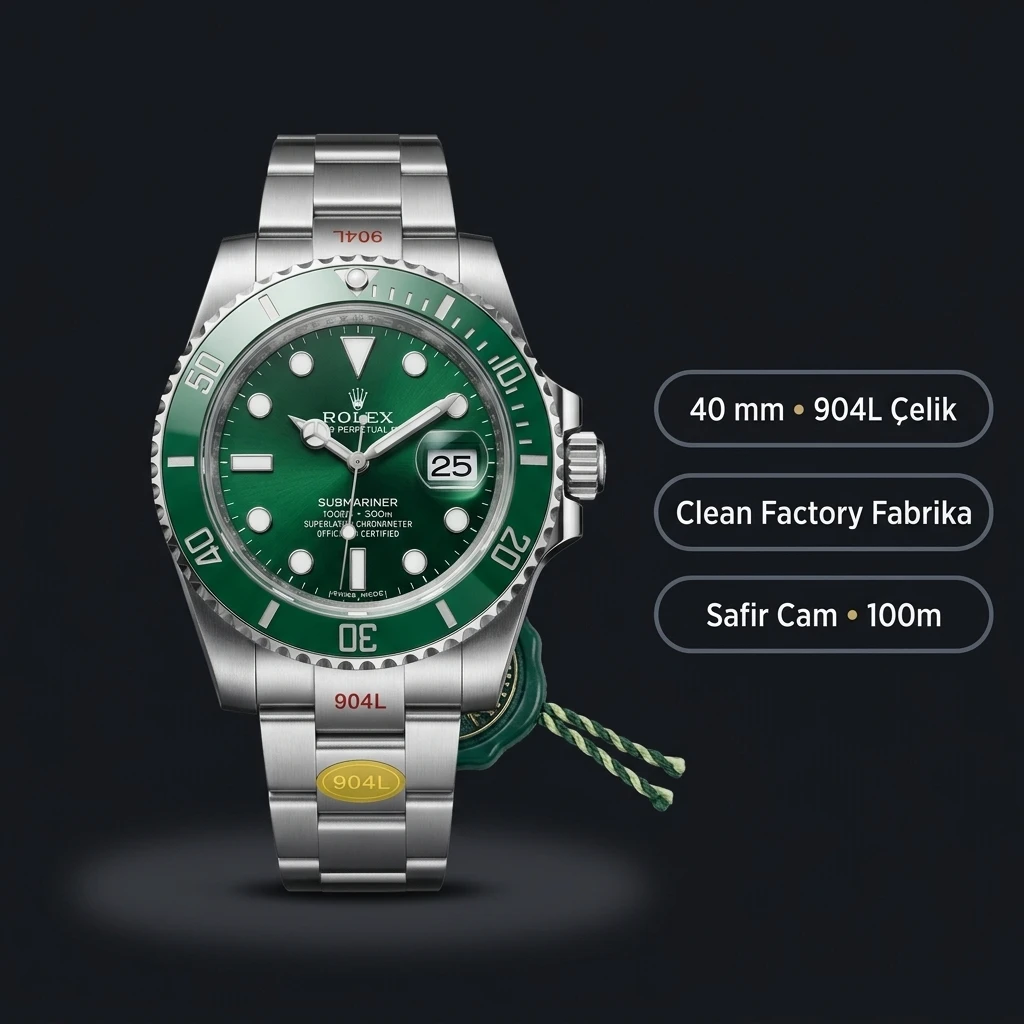 Rolex Submariner Hulk 116610LV 40 mm 40mm Seri Super Clone ETA Saat