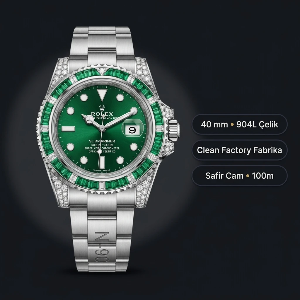 Rolex Submariner Yeşil Kadran Taşlı Bezel Çelik 40mm Super Clone ETA Saat
