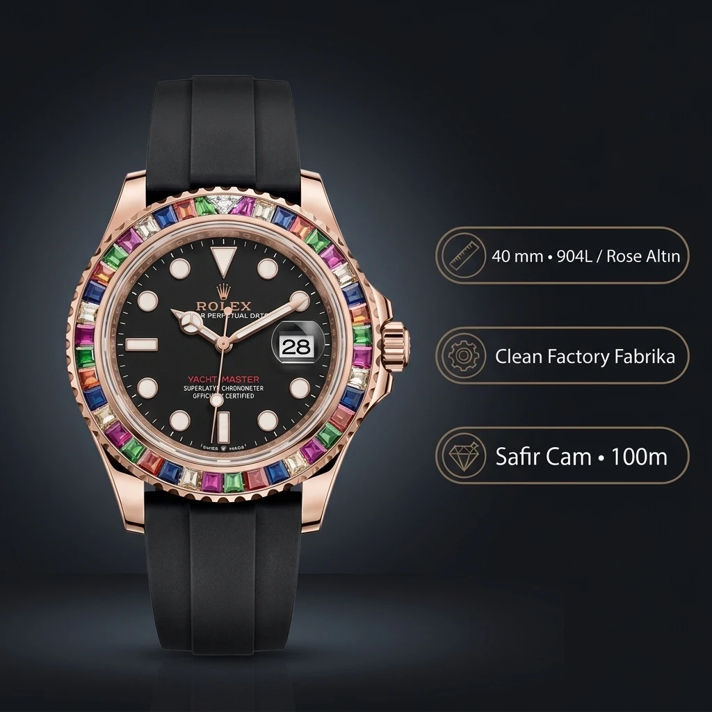 Rolex Yacht-Master 40 mm 126655 Siyah Kadran Everose Baget Bezel Oysterflex Super Clone ETA Saat