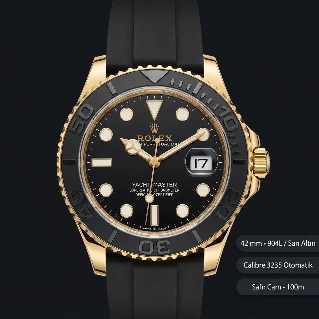 Rolex Yacht-Master 226658 42 mm Siyah Kadranlı Oysterflex Sarı Altın Super Clone Eta Saat