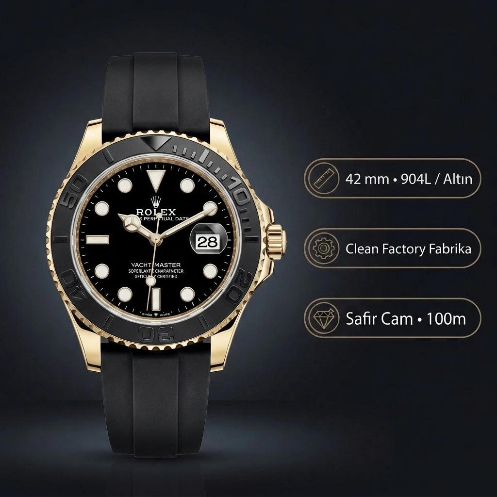 Rolex Yacht-Master 42 mm 226658 Siyah Kadran Sarı Altın Oysterflex Super Clone ETA Saat