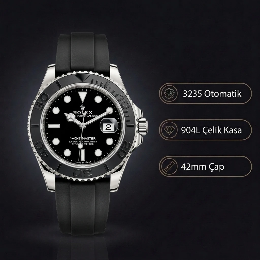 Rolex Yacht-Master Siyah Kadran Çelik Kauçuk Kordon 42mm Super Clone ETA Saat