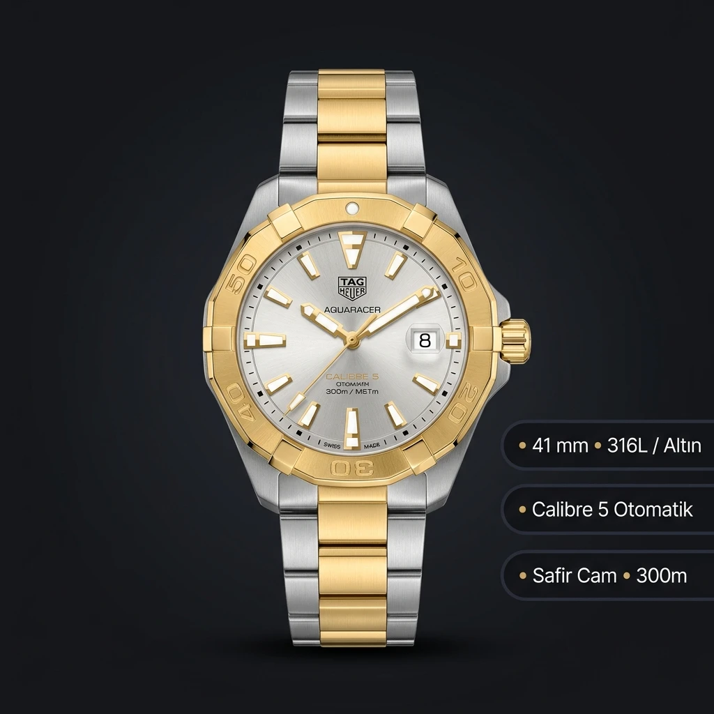 TAG Heuer Aquaracer Beyaz Kadran Altın Bezel Çelik Super Clone ETA Saat
