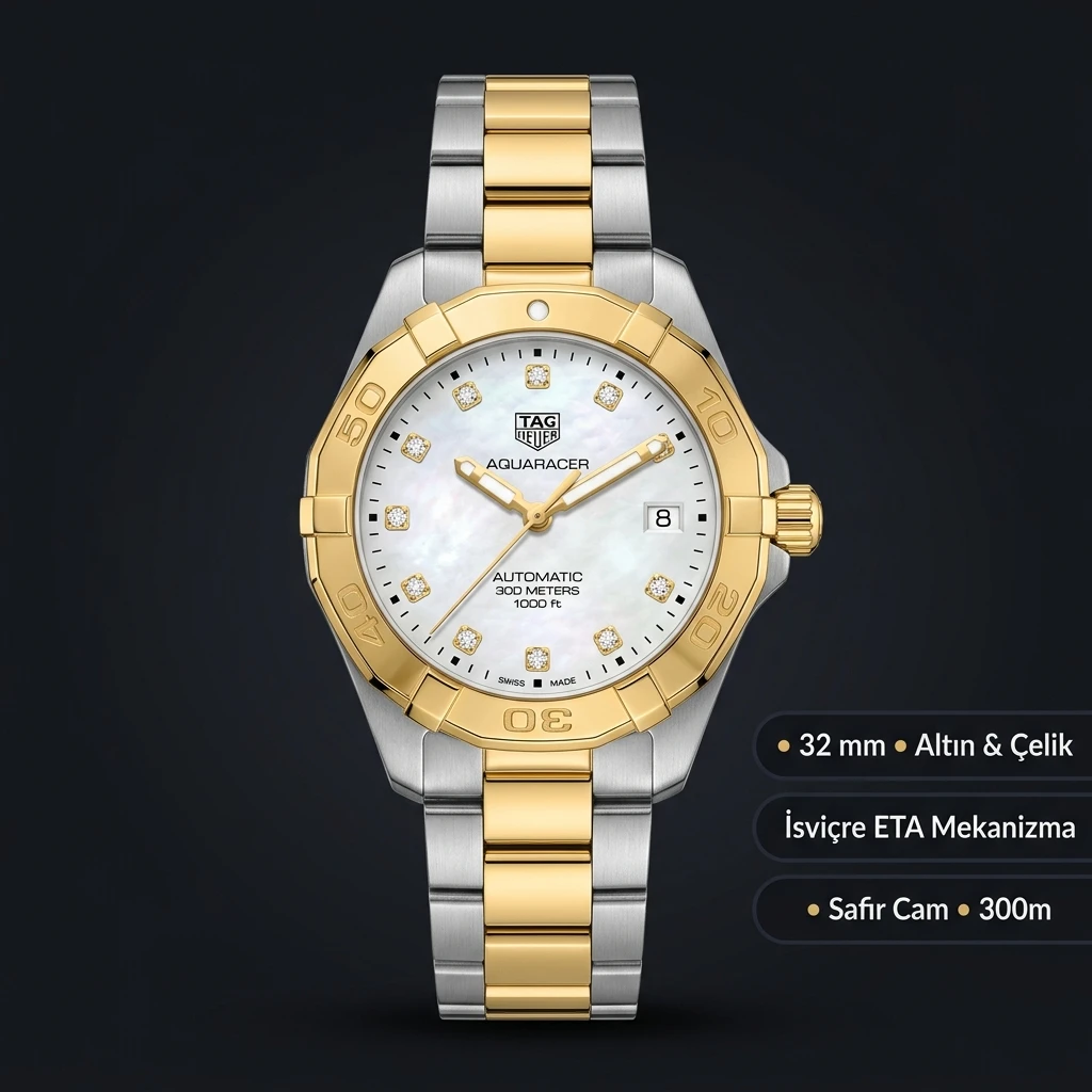 TAG Heuer Aquaracer Beyaz Kadran Altın Çift Renk Super Clone ETA Saat