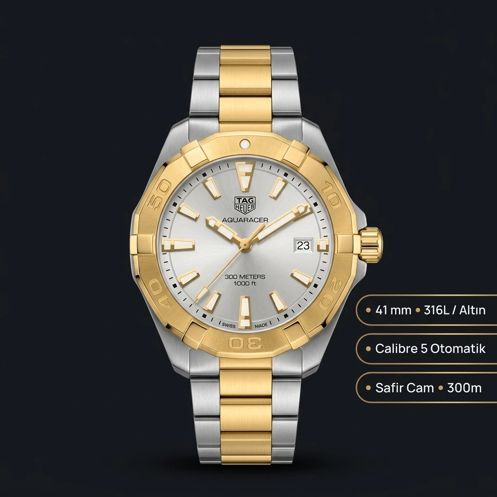 TAG Heuer Aquaracer Gümüş Kadran Altın Çift Renk Super Clone ETA Saat
