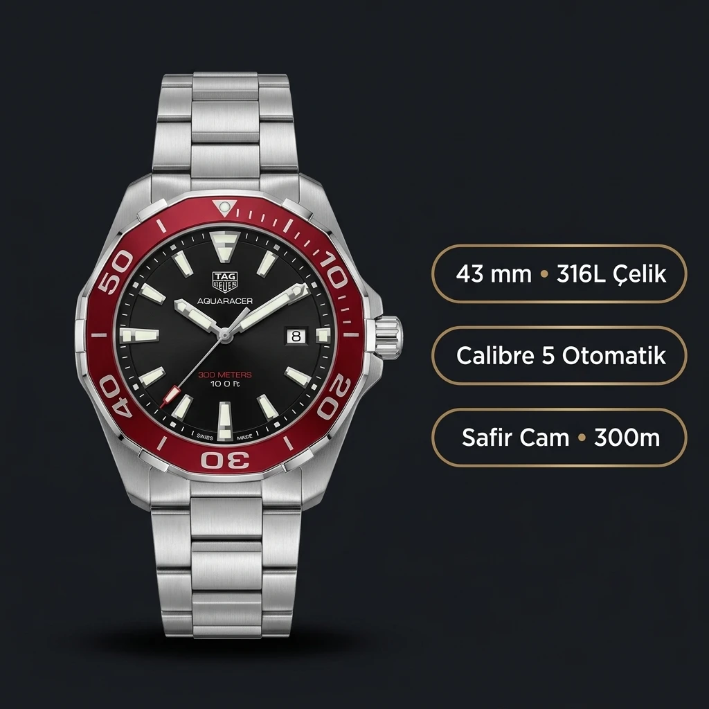 TAG Heuer Aquaracer Siyah Kadran Kırmızı Bezel Çelik Super Clone ETA Saat