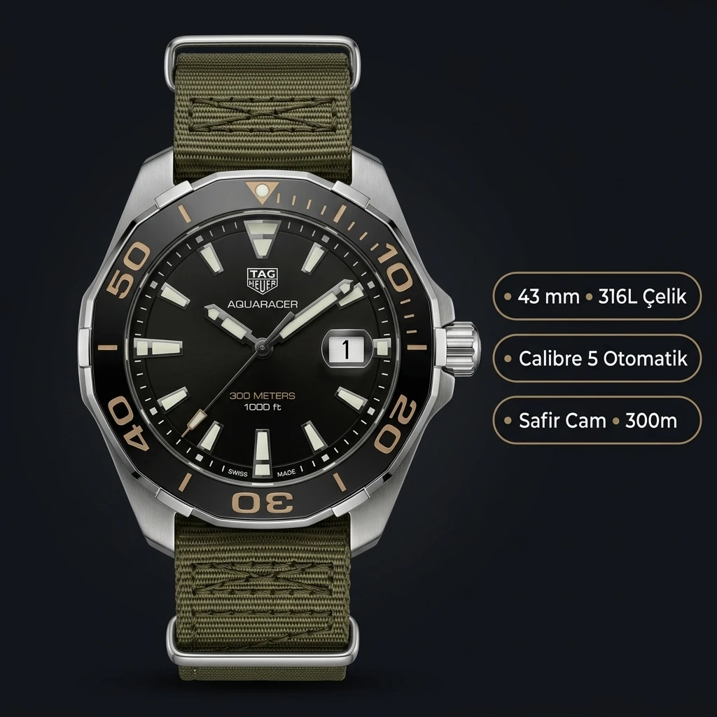 TAG Heuer Aquaracer Siyah Kadran Yeşil Nato Super Clone ETA Saat