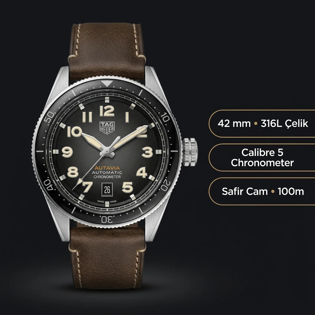 TAG Heuer Autavia Siyah Kadran Kahve Deri Super Clone ETA Saat