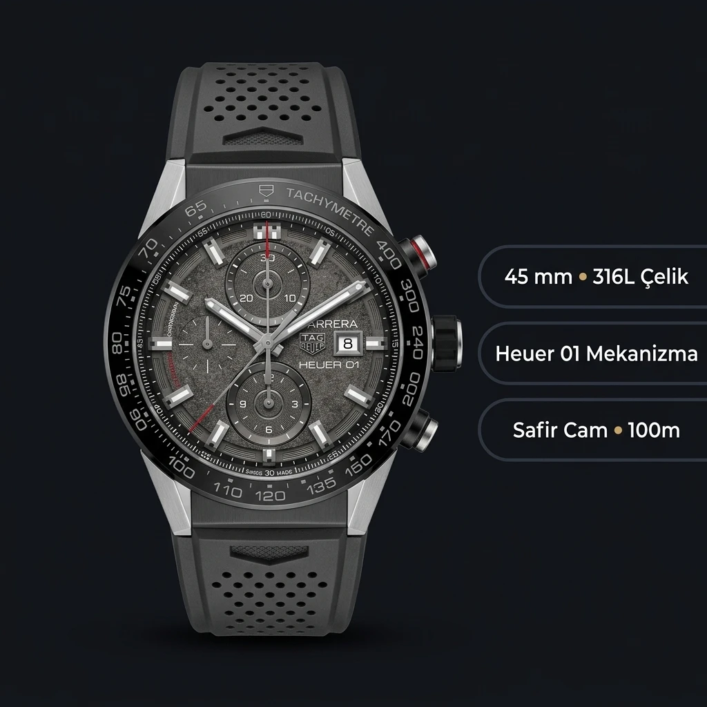 TAG Heuer Carrera Gri Chronograph Kauçuk Kordon Düz Super Clone ETA Saat