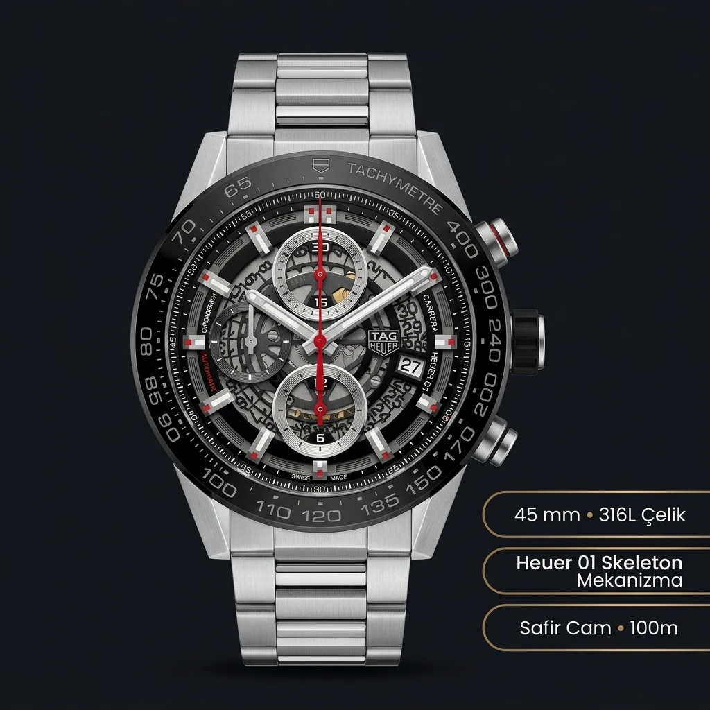 TAG Heuer Carrera Heuer 01 Siyah Skeleton Chronograph Çelik Koyu Seri Super Clone ETA Saat