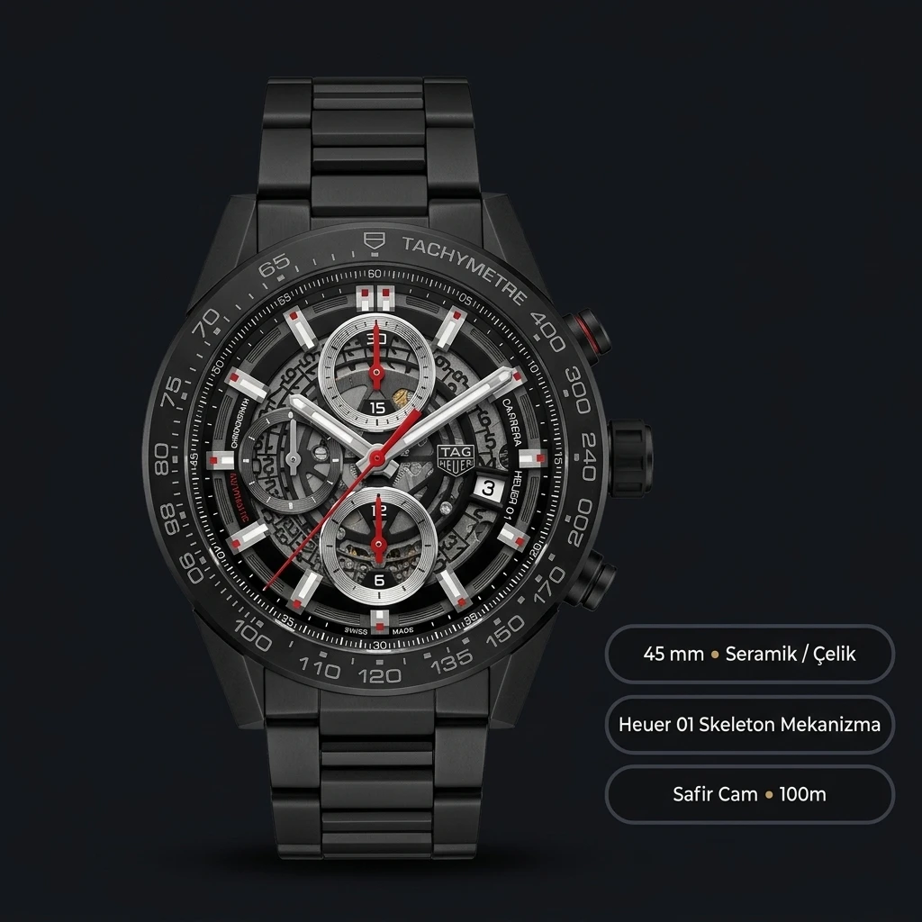 TAG Heuer Carrera Heuer 01 Siyah Skeleton Chronograph Çelik Super Clone ETA Saat