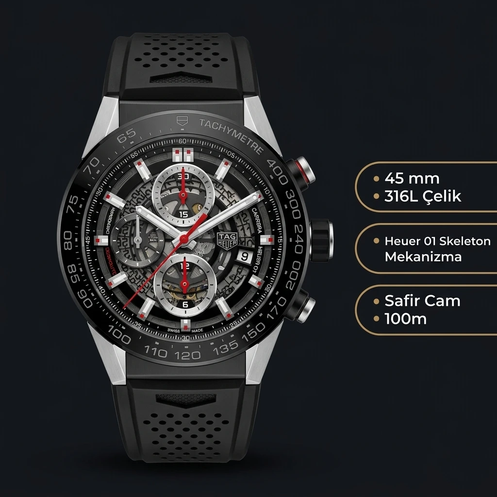 TAG Heuer Carrera Heuer 01 Siyah Skeleton Chronograph Kauçuk Kordon Super Clone ETA Saat