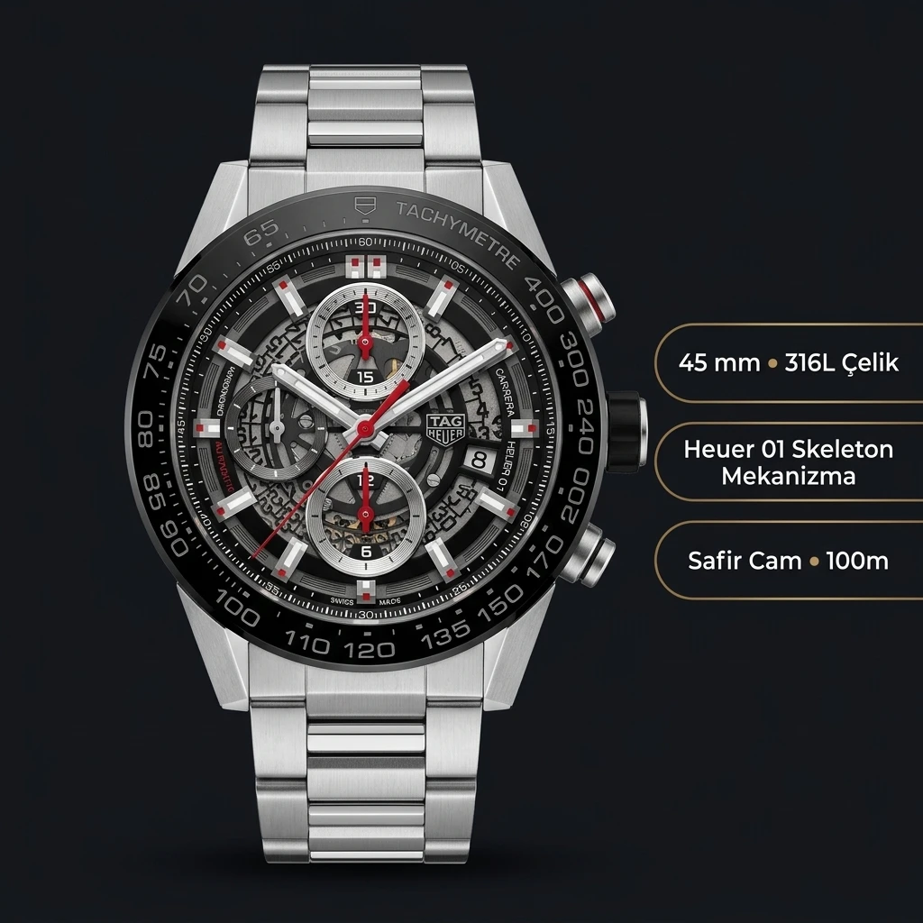 TAG Heuer Carrera Siyah Chronograph Çelik Super Clone ETA Saat