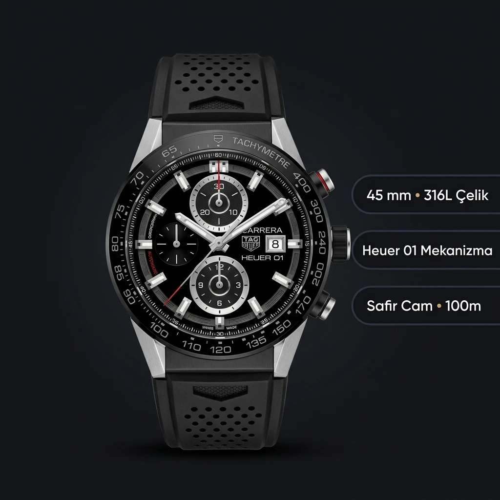 TAG Heuer Carrera Siyah Chronograph Kauçuk Kordon Super Clone ETA Saat
