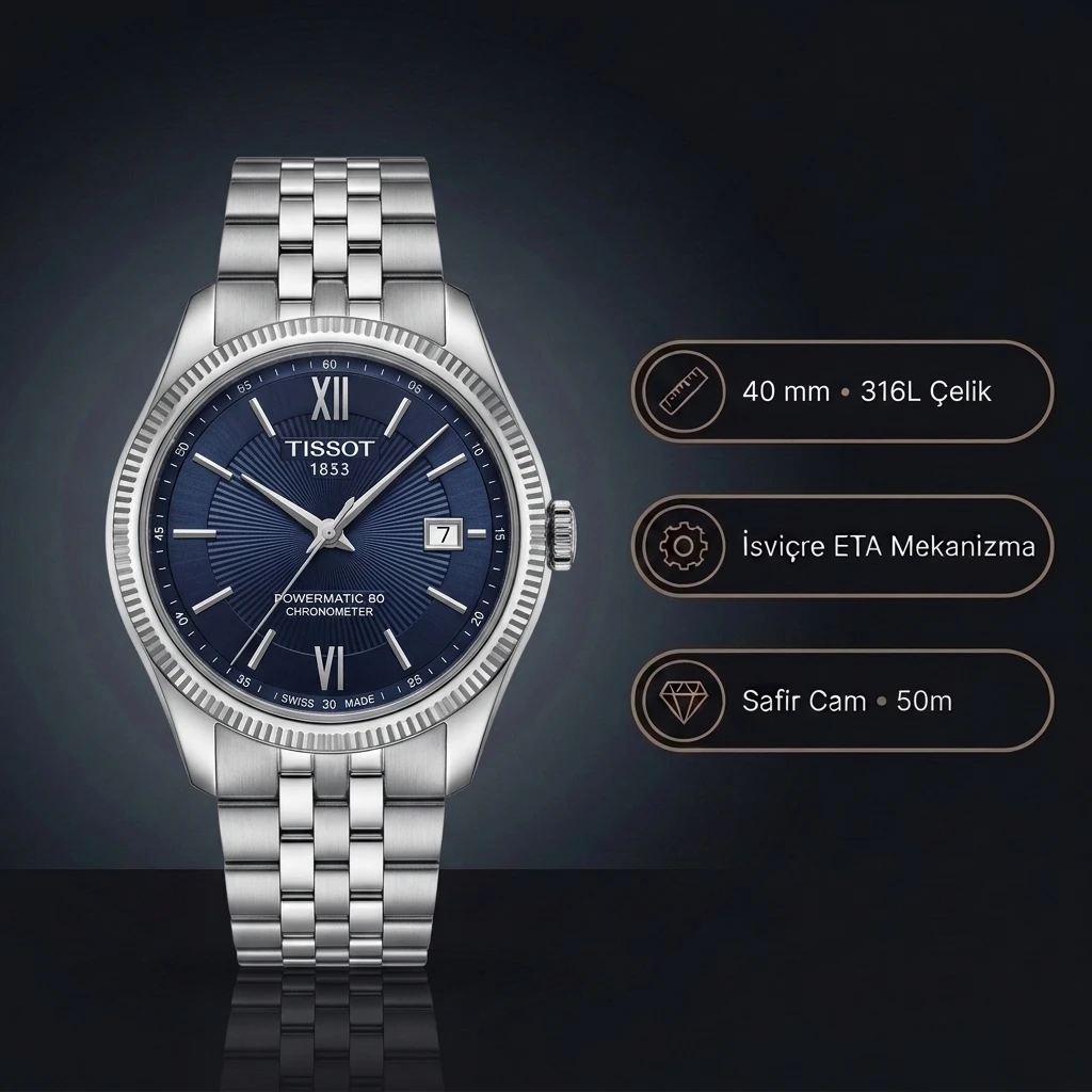 Tissot Ballade Powermatic 80 T156.408.11.043.00 Lacivert Mavi Dokulu Kadran Fluted Bezel Çelik Bilezik Super Clone ETA Saat